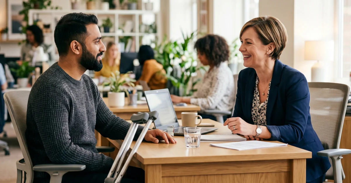 Wide shot of Manager and employee discussing a workplace accommodation request