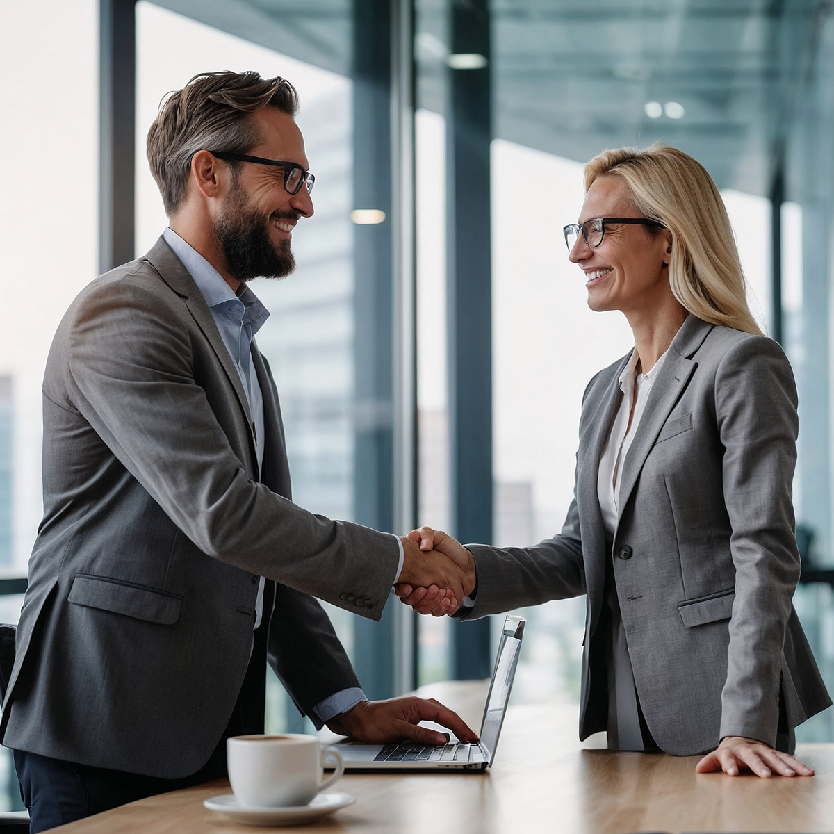 Business professionals shaking hands representing a PEO co-employment partnership