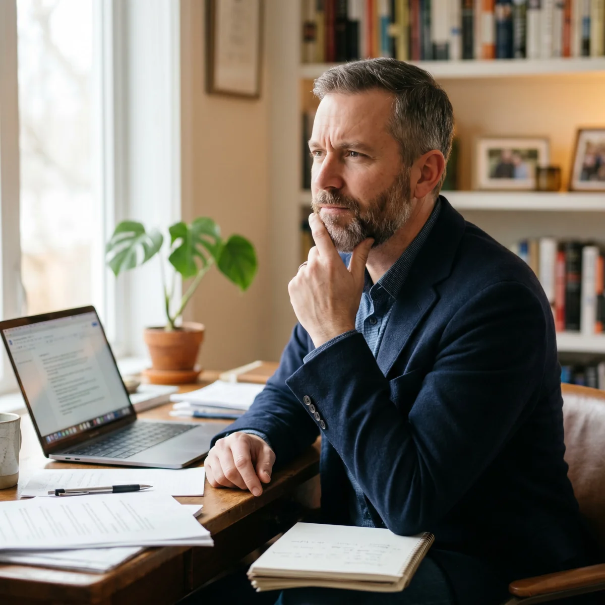 A business owner deep in thought about common myths about co-employment