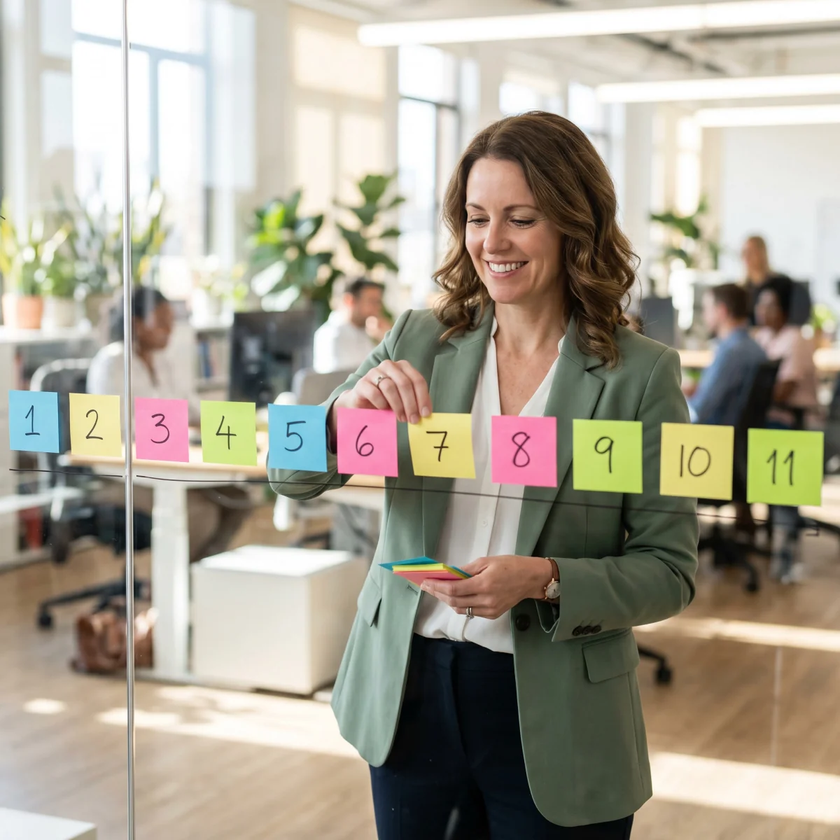 A person posting notes on a glass wall for a transition