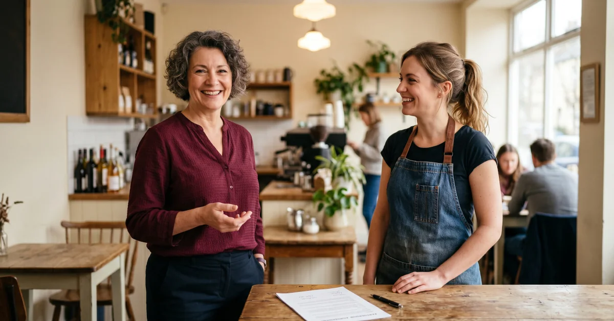 Wide shot of business owner and employee going over agreement