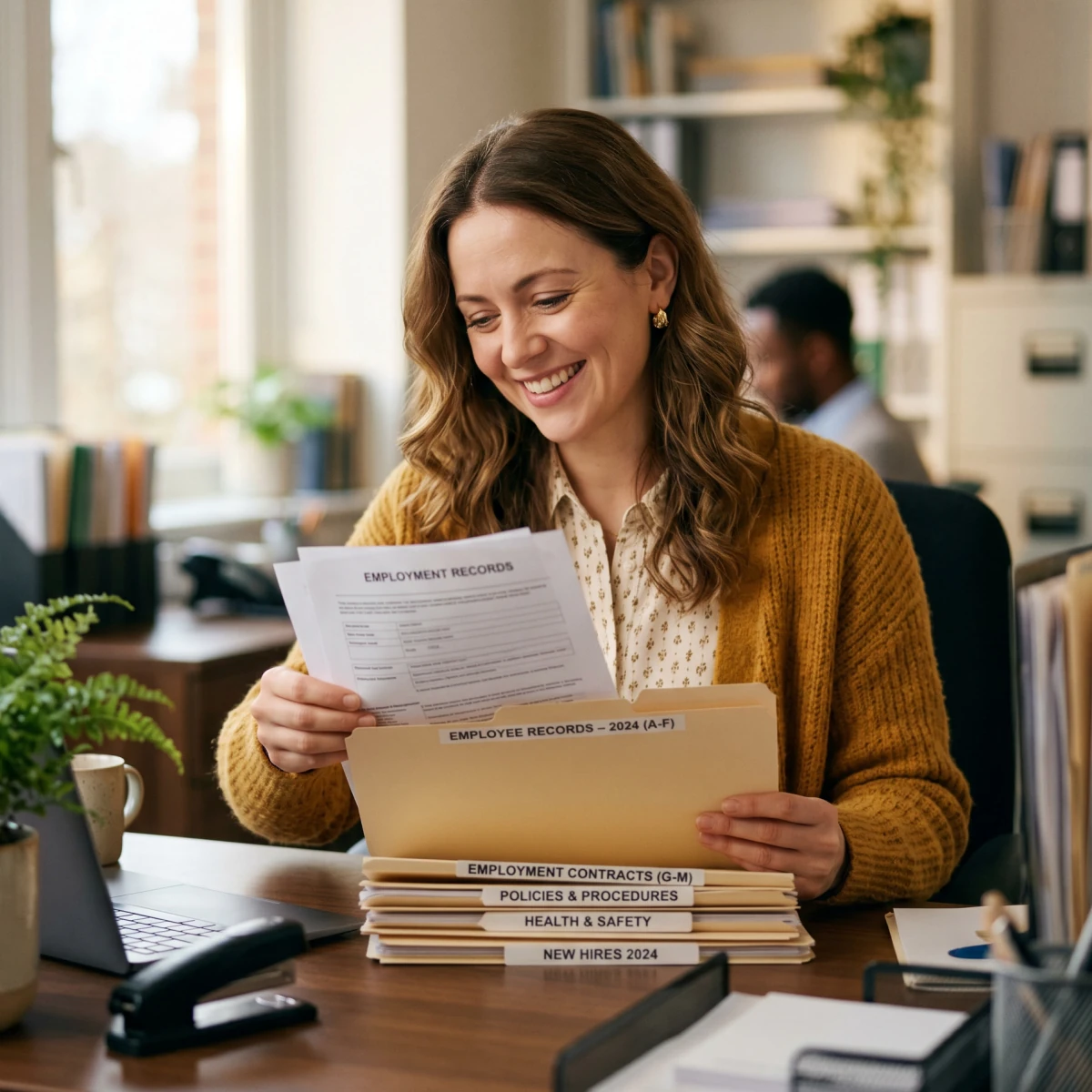 Administrator filing employment paperwork