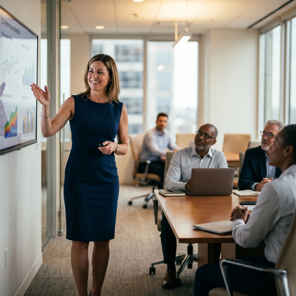 Manager showing EEO compliance metrics on a wall monitor