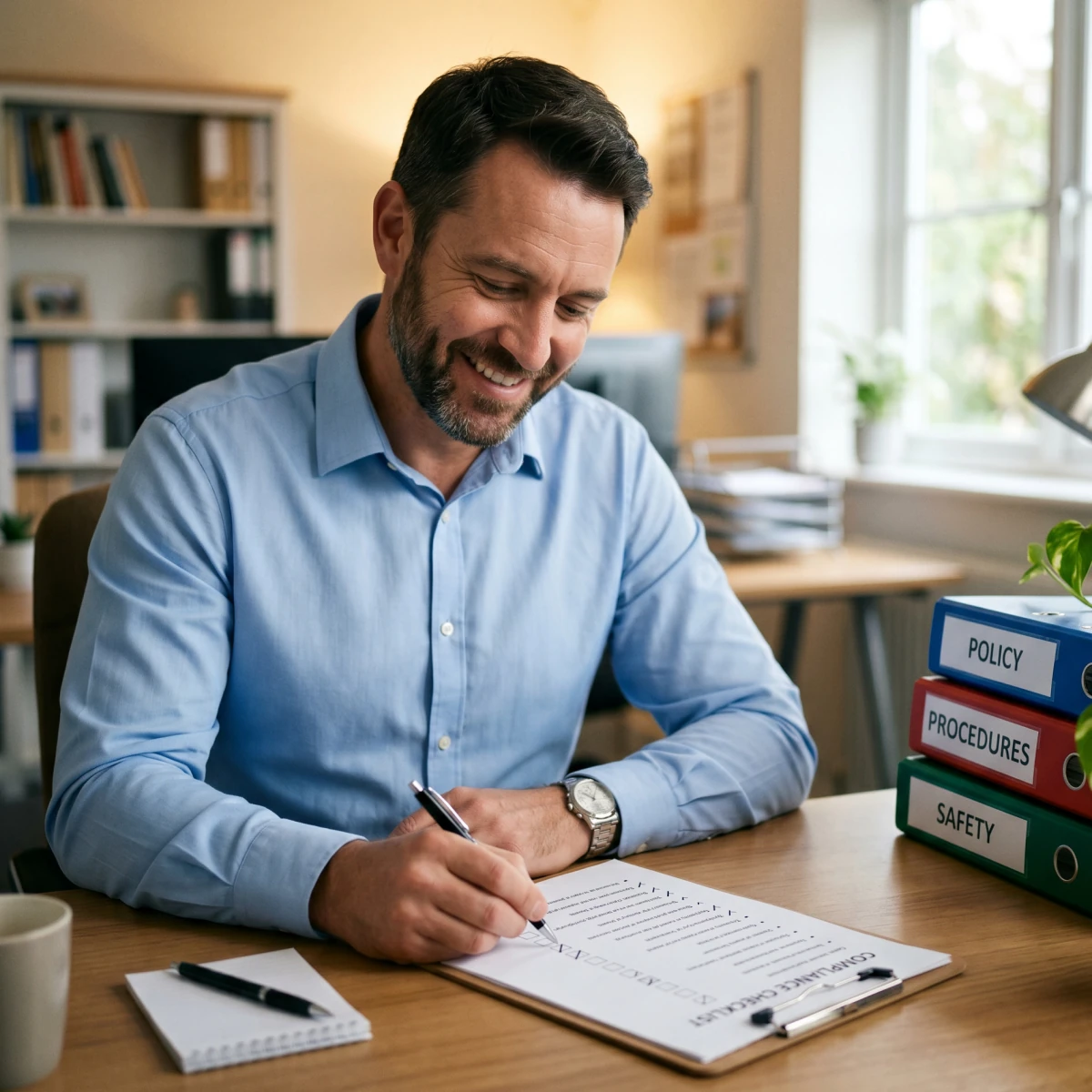 Manager at desk preparing compliance materials