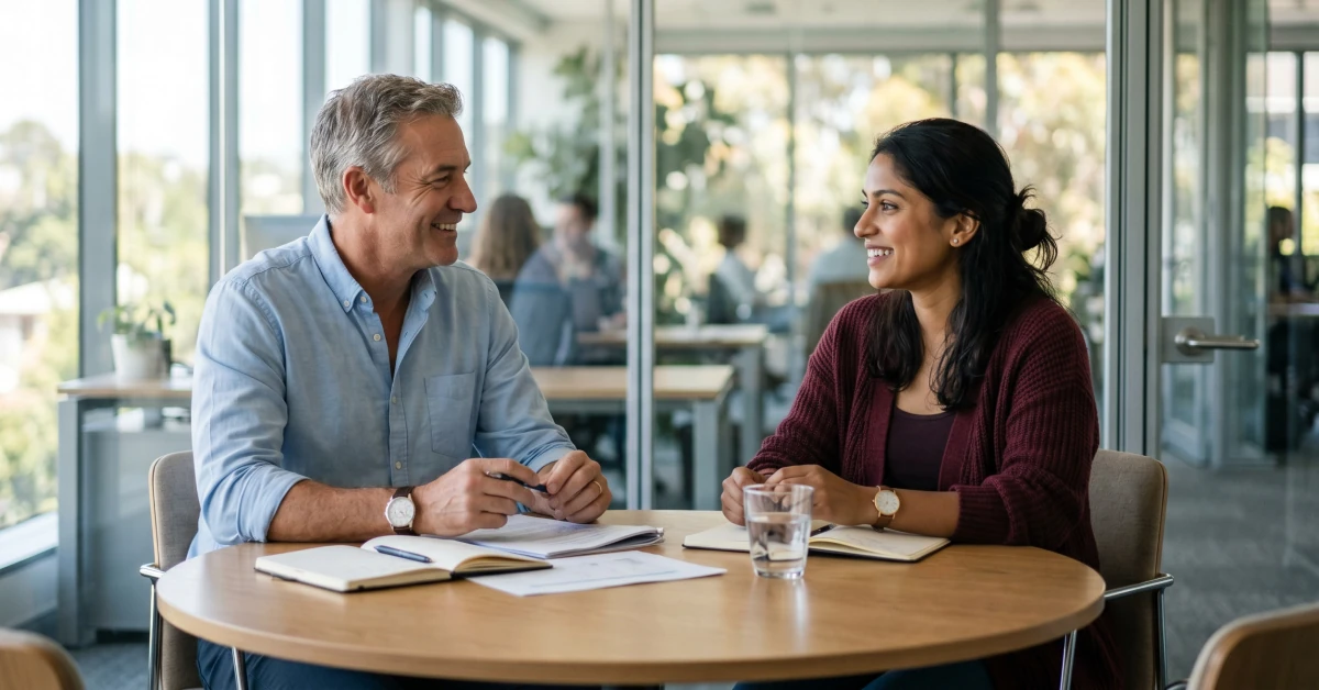Wide shot of a manager and employee discussing a workplace concern