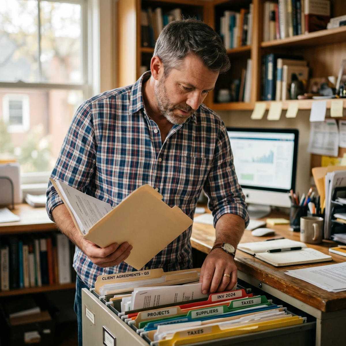 Business owner filing paperwork in file cabinet