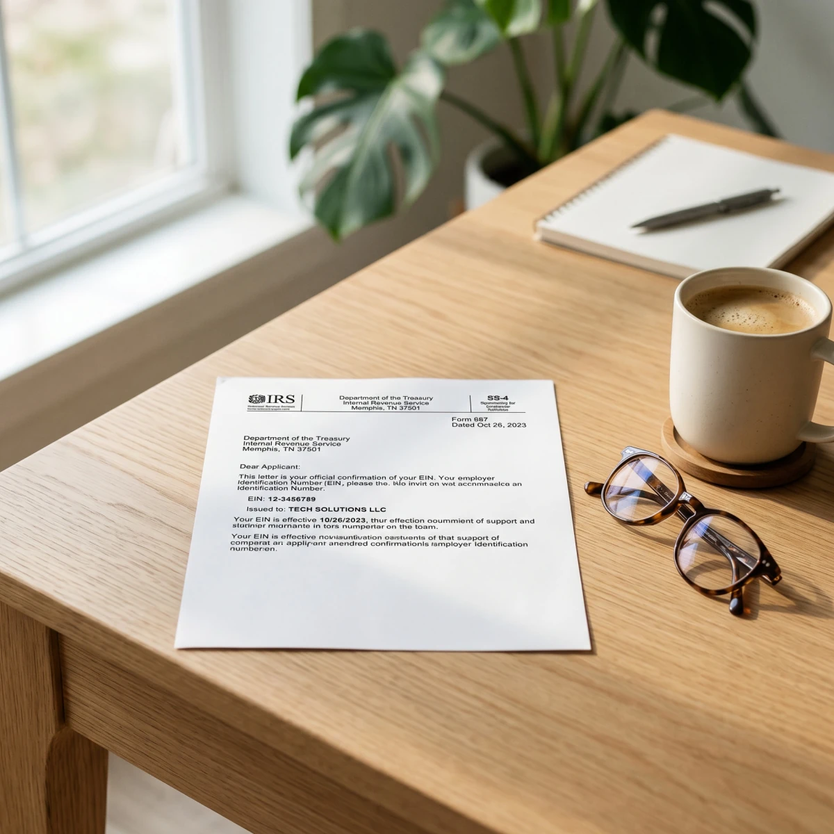 IRS EIN confirmation letter on a desk