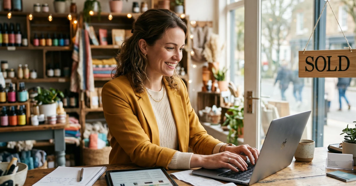Wide shot of a small business owner completing an EIN application
