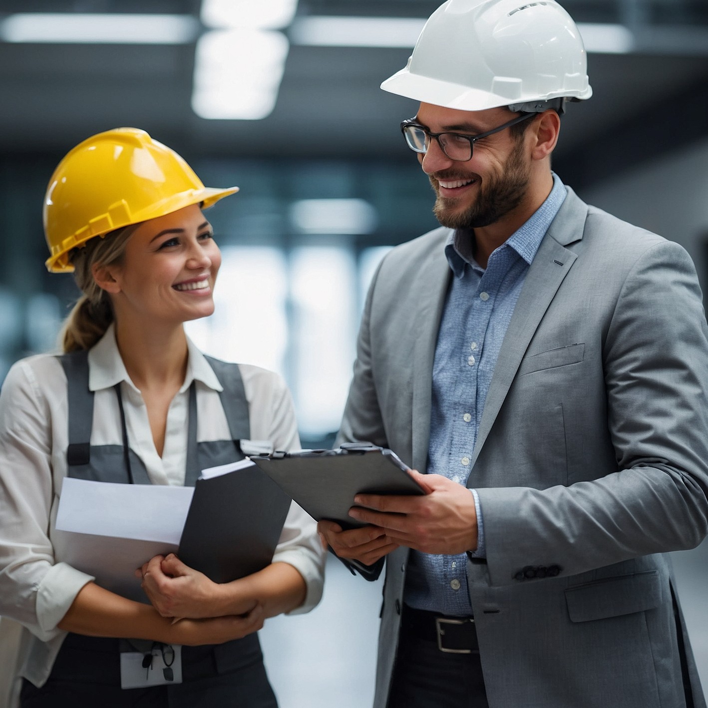 Two HR managers reviewing workers' compensation documentation on clipboards