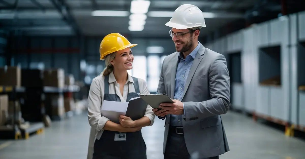 Two HR managers reviewing workers' compensation documentation on clipboards