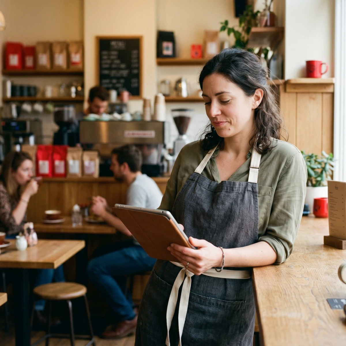 Small business owner of coffee shop with clip board