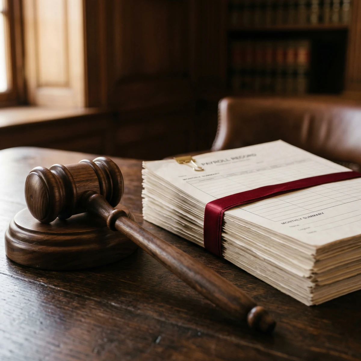 Gavel and pay records representing FLSA penalties