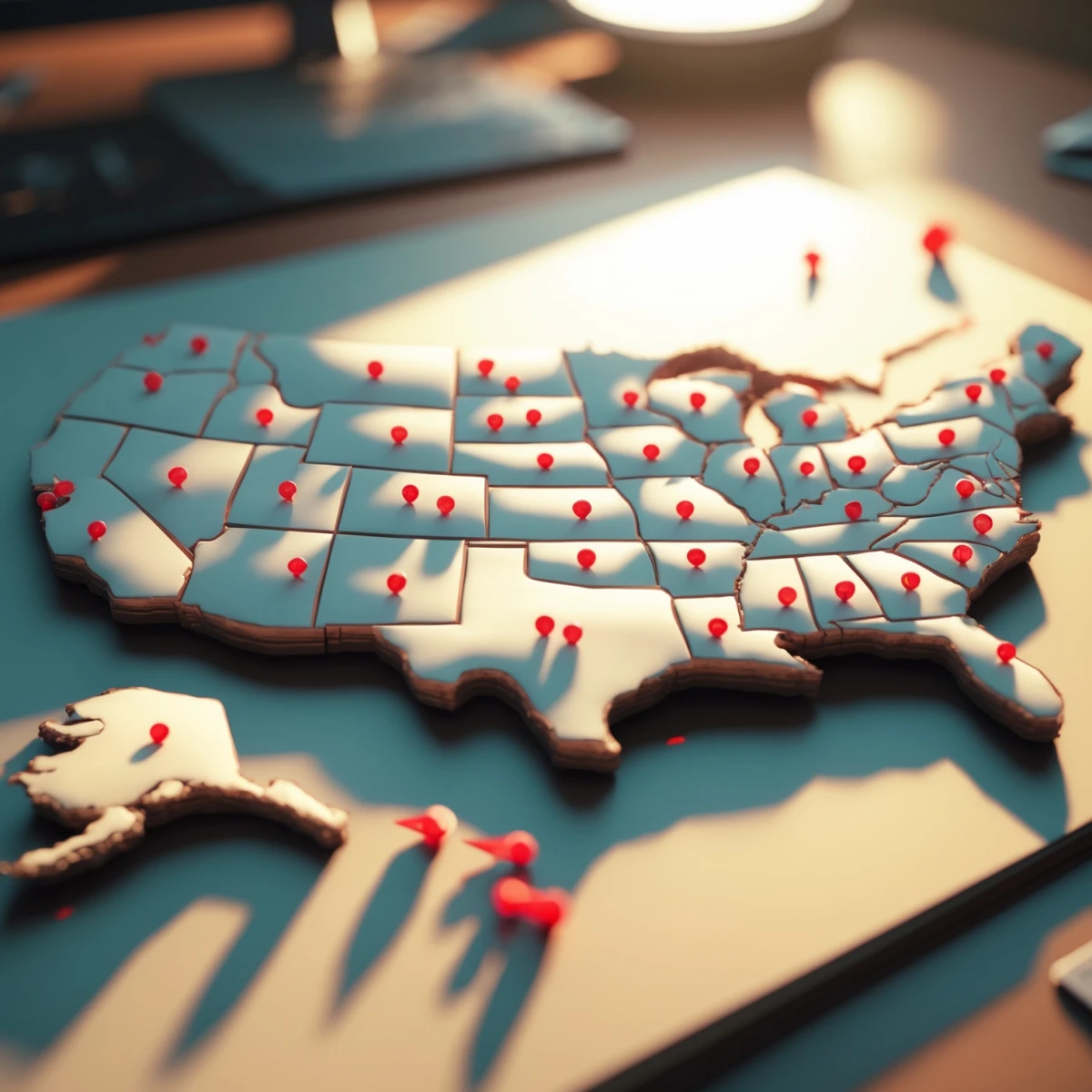 Stylized map of USA representing varying state wage and hour laws