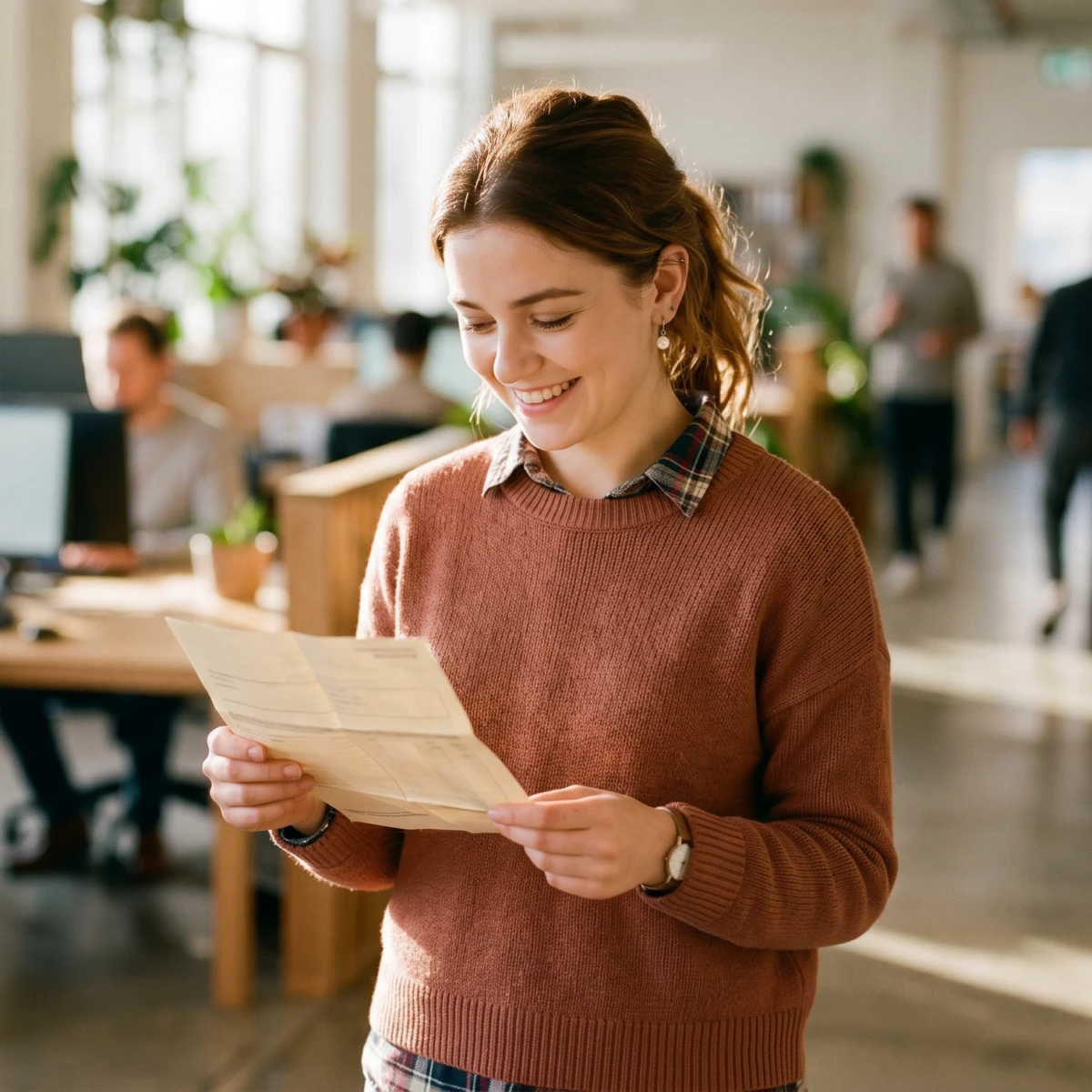 Smiling employee receiving paycheck