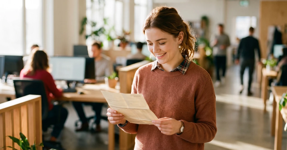 Wideshot of smiling employee receiving paycheck