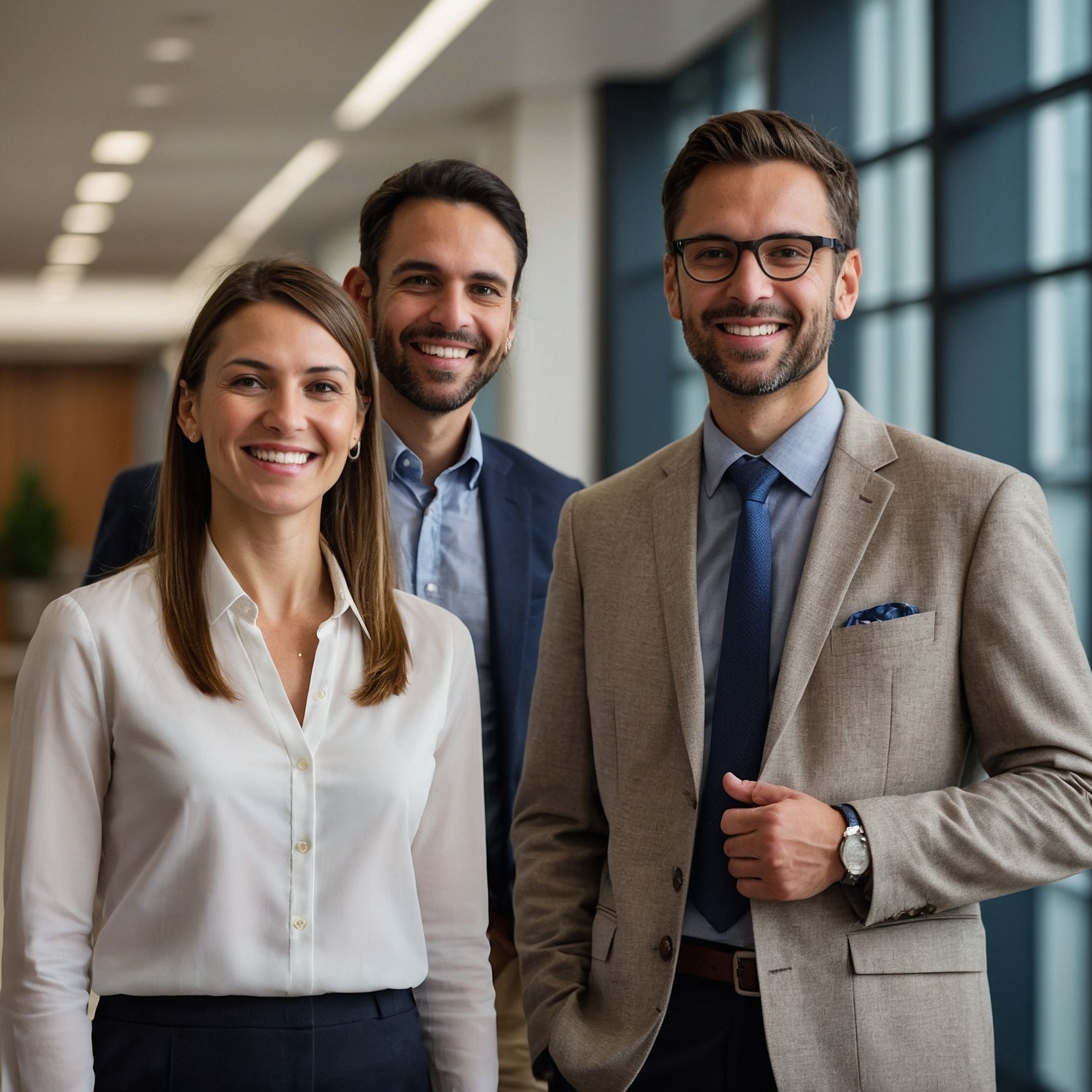 Office workers in a hallway discussing group health insurance and employee benefits questions