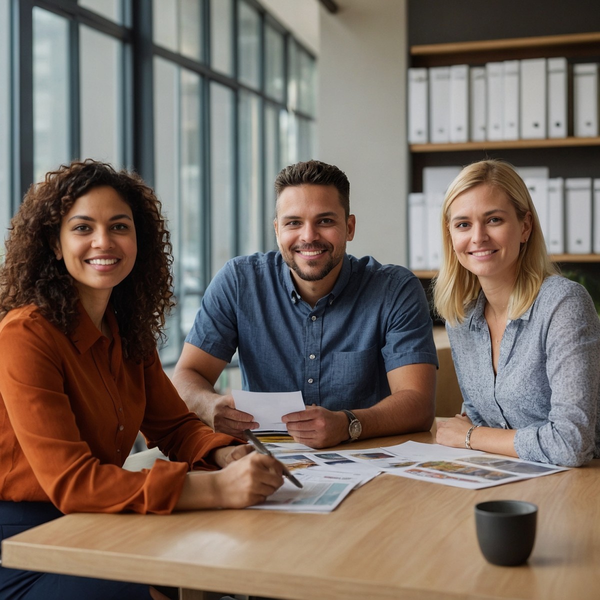 Three office workers reviewing group health insurance benefits together