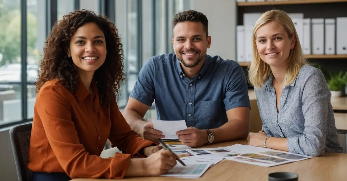 Three office workers reviewing group health insurance benefits together