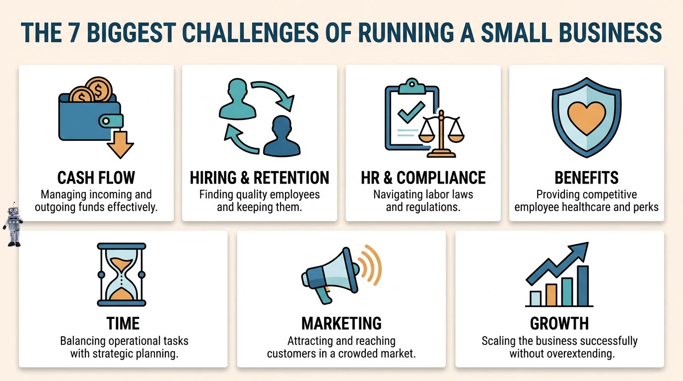 Infographic showing the biggest challenges of running a small business: cash flow, hiring and retention, HR and compliance, benefits, time, marketing, and growth