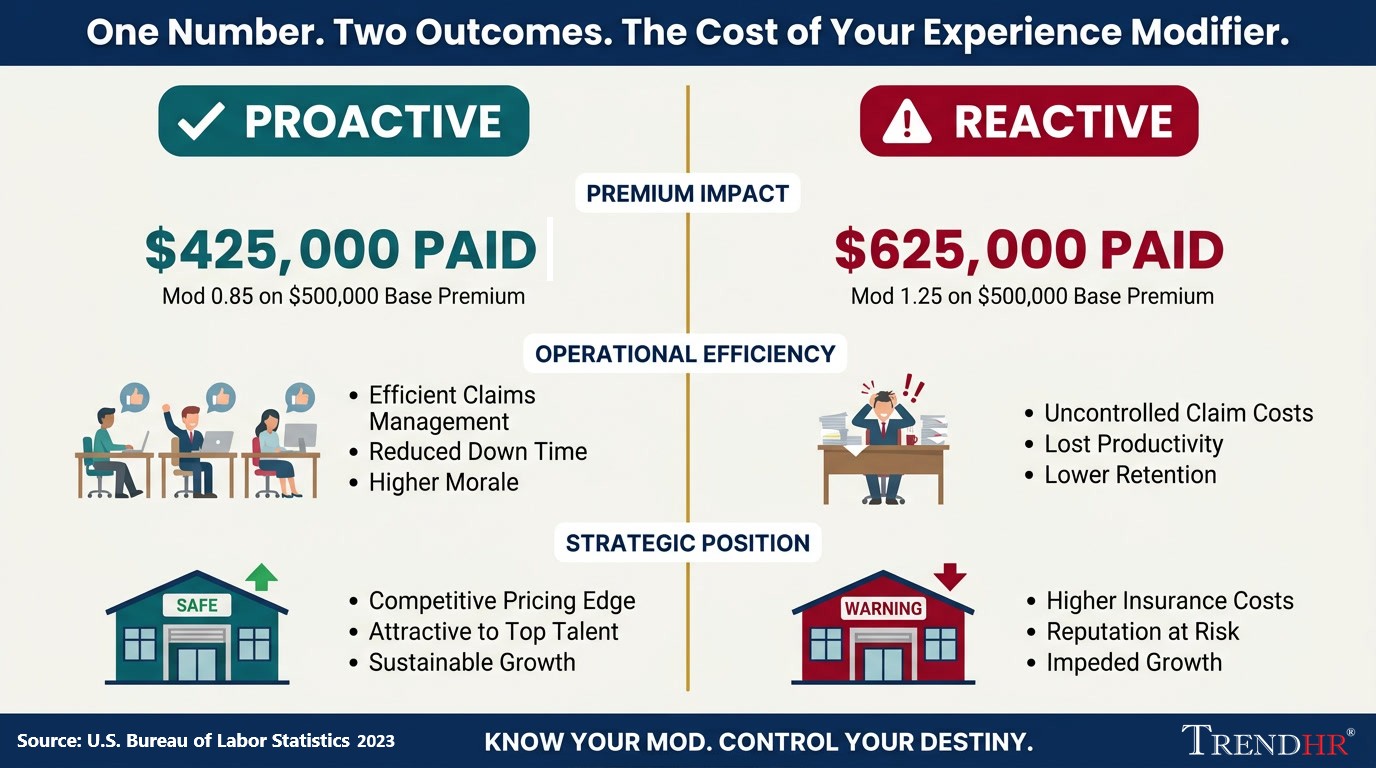 Infographic illustrating the Experience Modifier formula, three-year experience period, and premium impact with key statistics