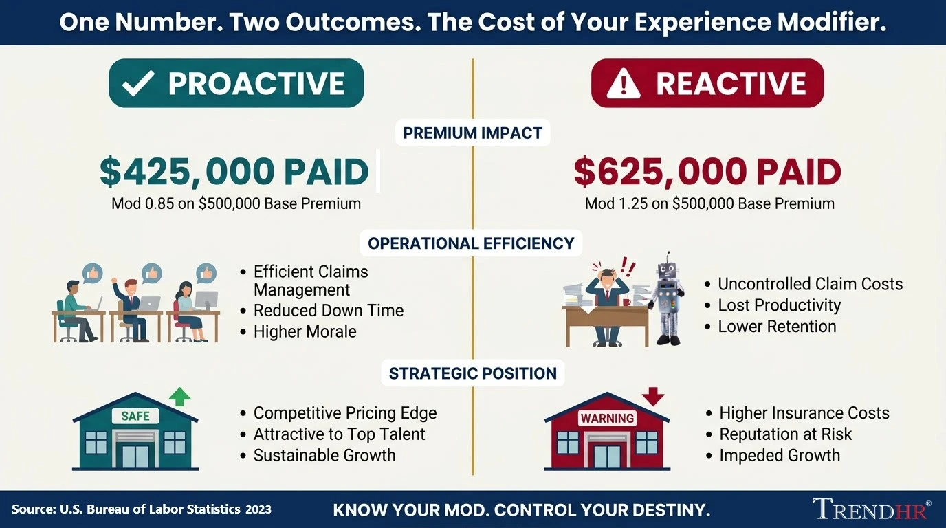 Infographic illustrating the Experience Modifier formula, three-year experience period, and premium impact with key statistics