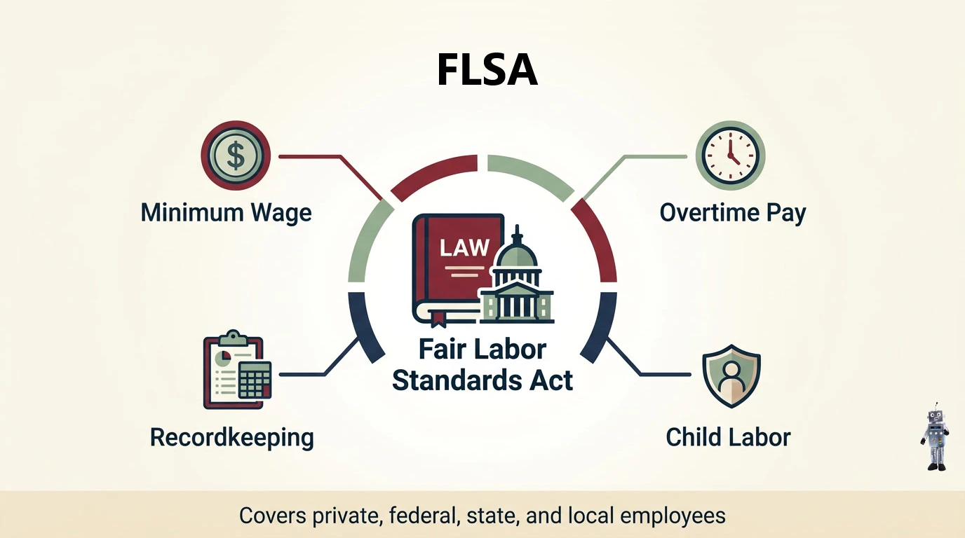Infographic summarizing the four core FLSA standards: minimum wage, overtime, recordkeeping, and child labor