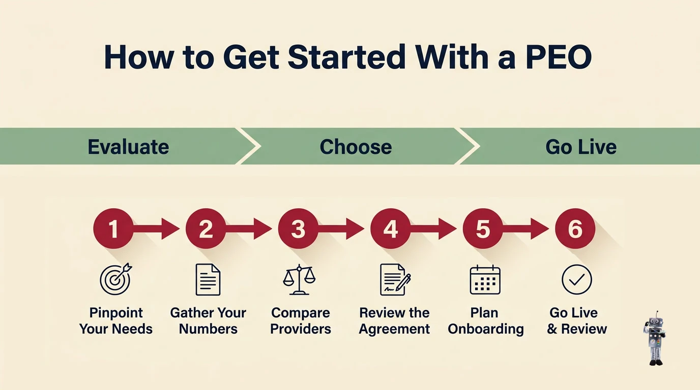 Infographic showing the steps to evaluate, choose, and go live with PEO services
