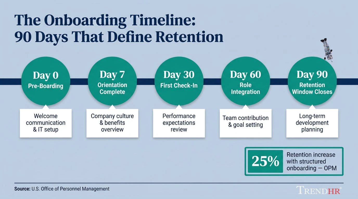 Infographic summarizing employee onboarding best practices, key statistics, and program milestones