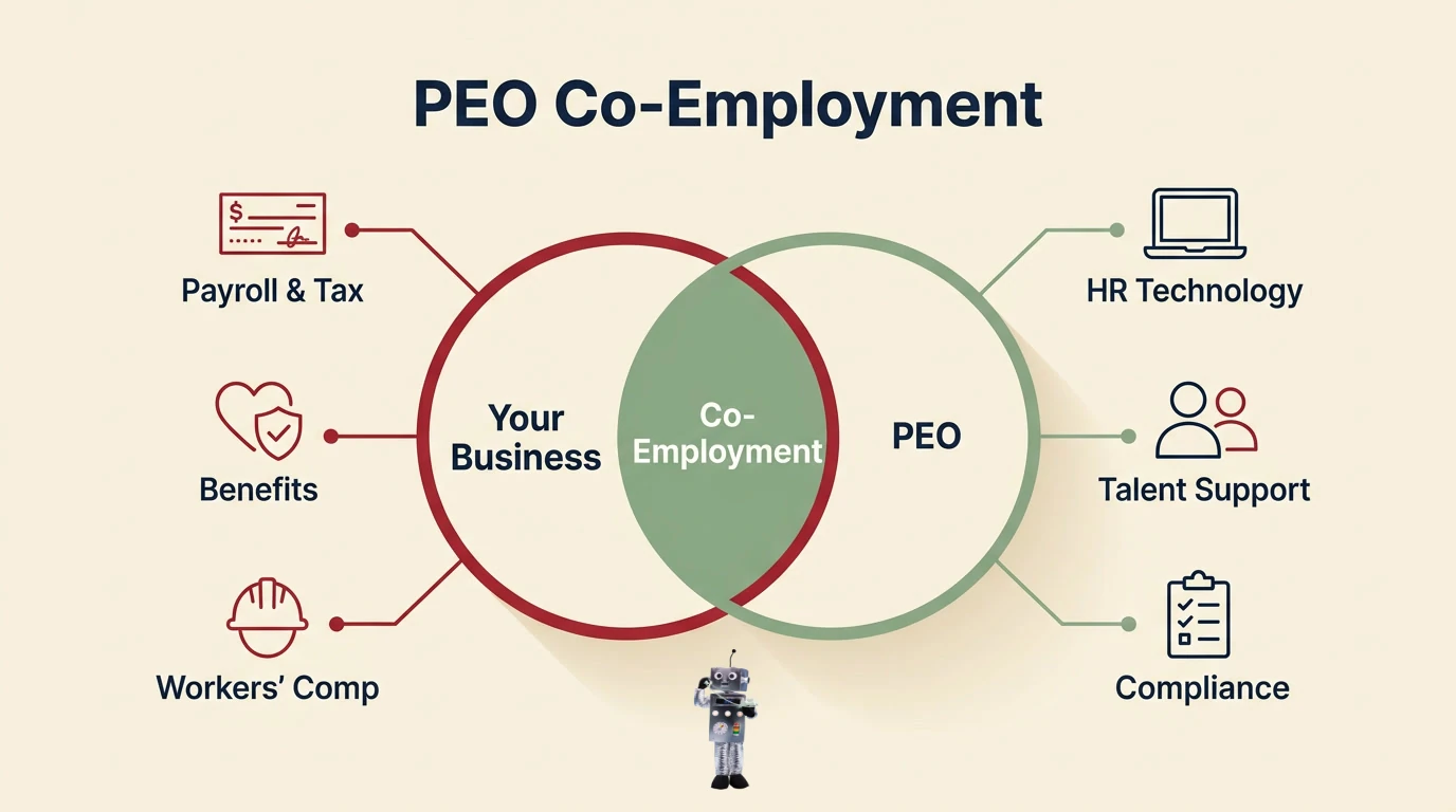 Infographic showing the core PEO services: payroll, benefits, workers' comp, compliance, talent support, and HR technology