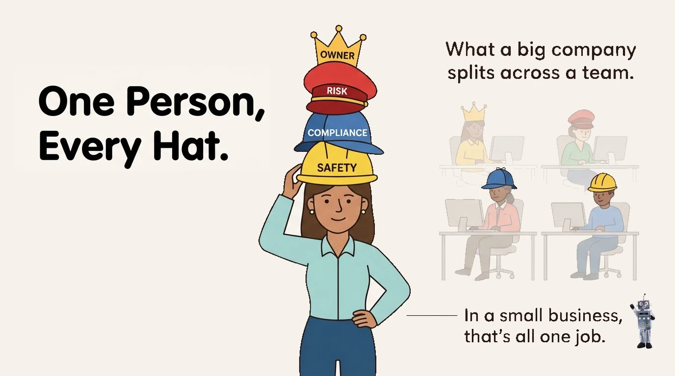 Woman business owner wearing four jobs of risk management infographic