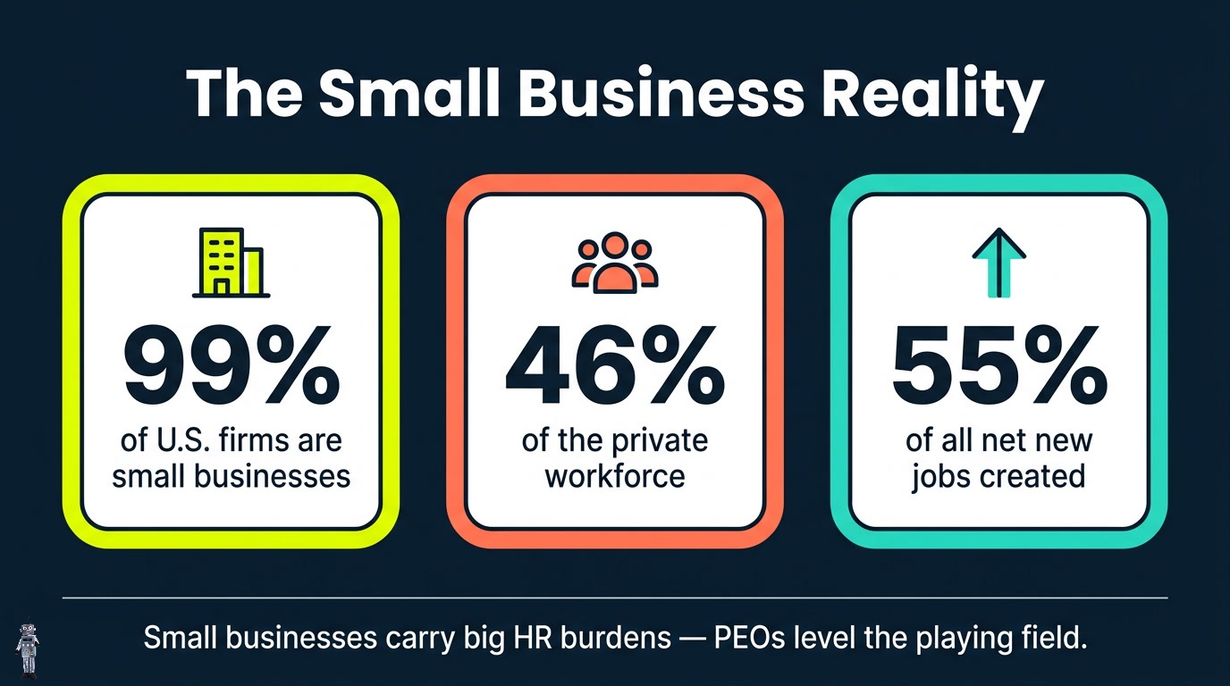 Infographic showing the small business reality and how PEOs provide enterprise-grade HR support