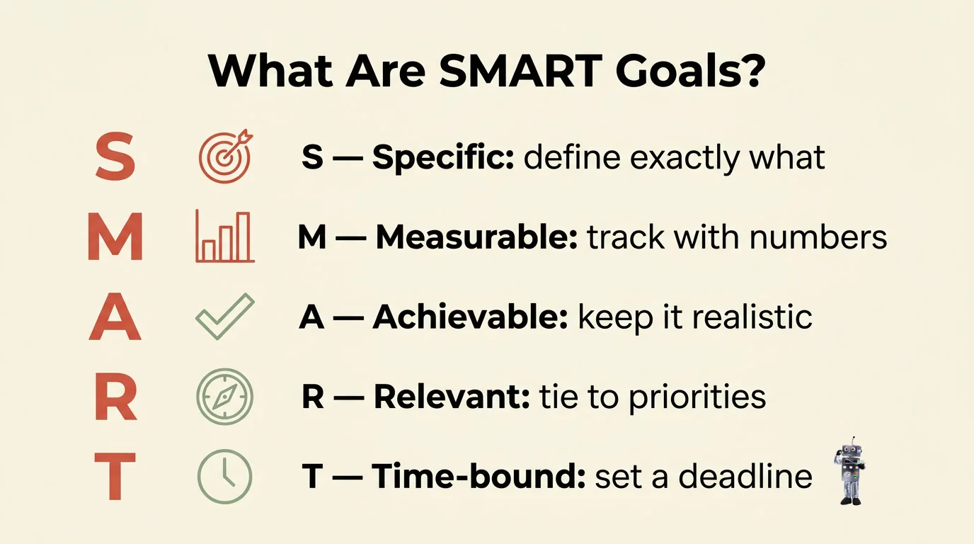 Infographic breaking down the five letters of SMART: Specific, Measurable, Achievable, Relevant, Time-bound