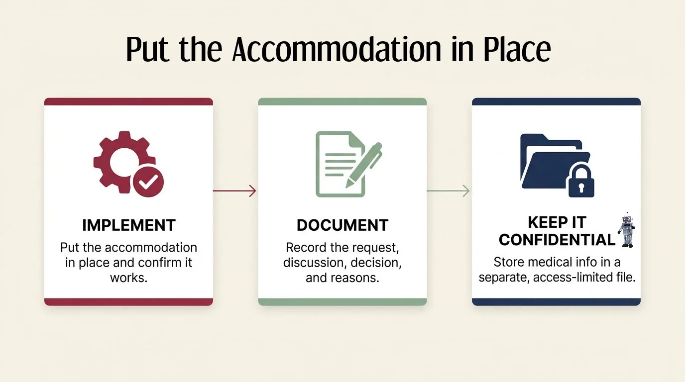 Infographic showing the three steps of an ADA reasonable-accommodation request