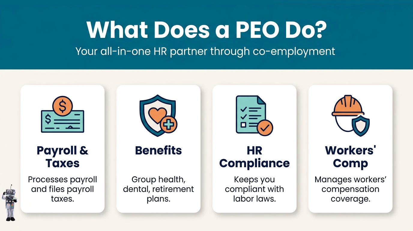 Infographic explaining what a PEO does: payroll and taxes, benefits, HR compliance, and workers' compensation delivered through a co-employment model