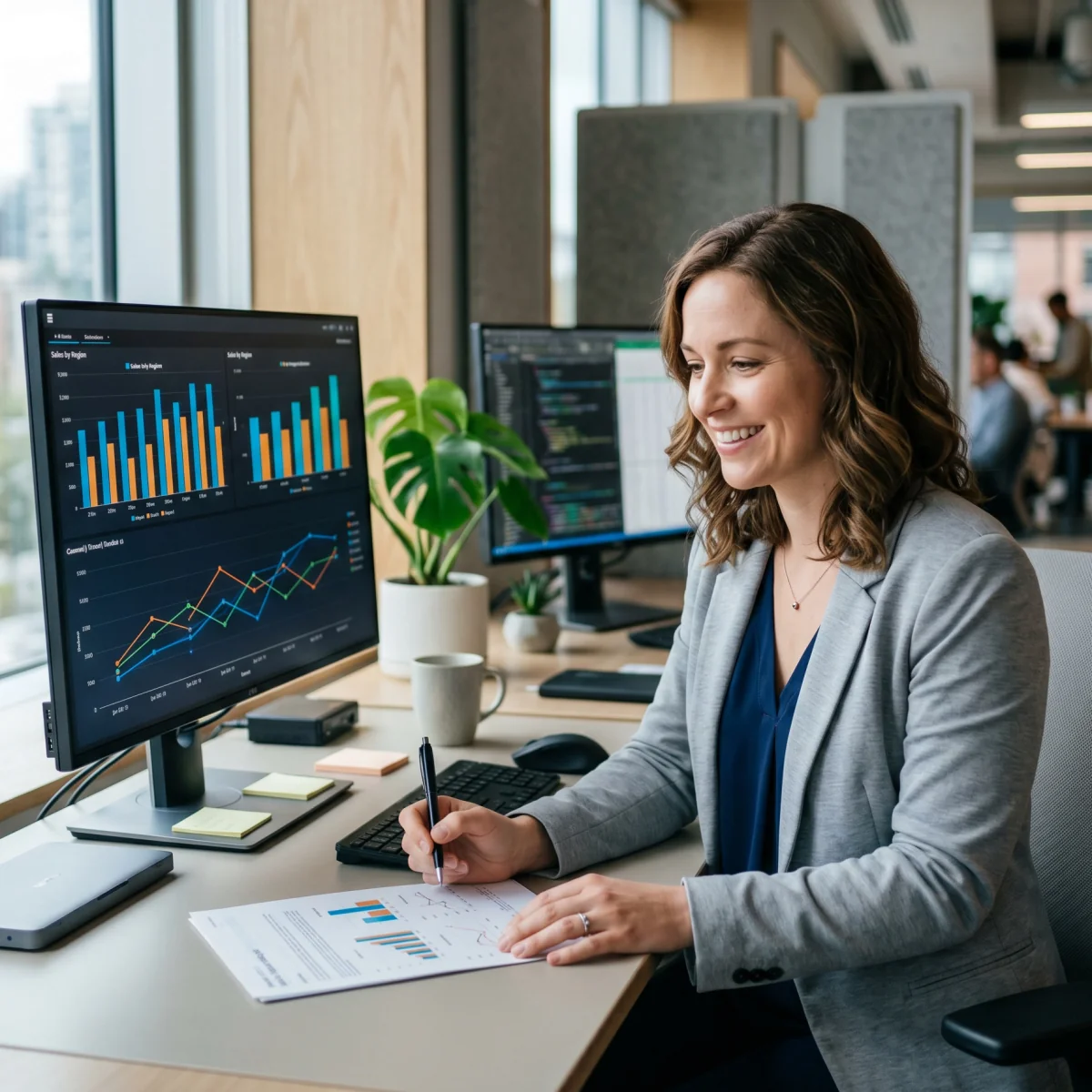 A woman reviewing on computer employee leasing and PEO industry stats