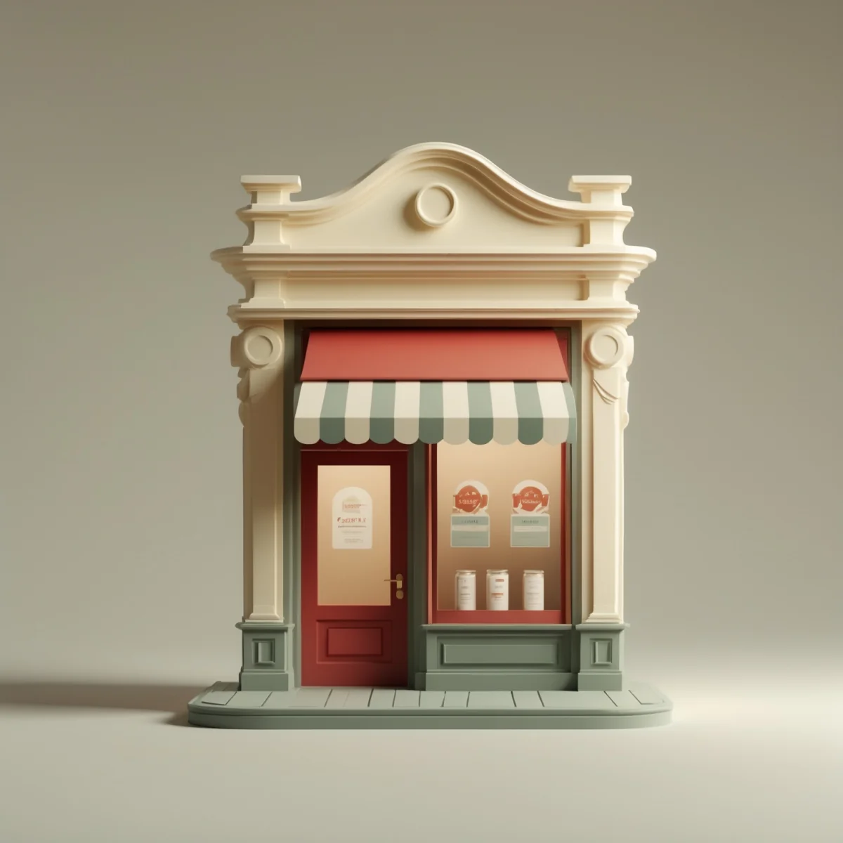 A clay model of a small-business store front