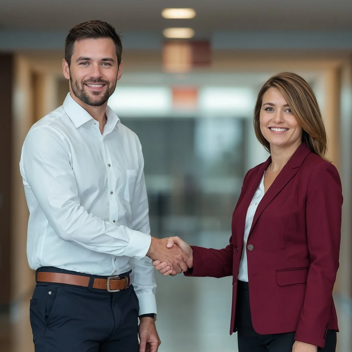 New hire shaking hands with HR manager on first day of onboarding