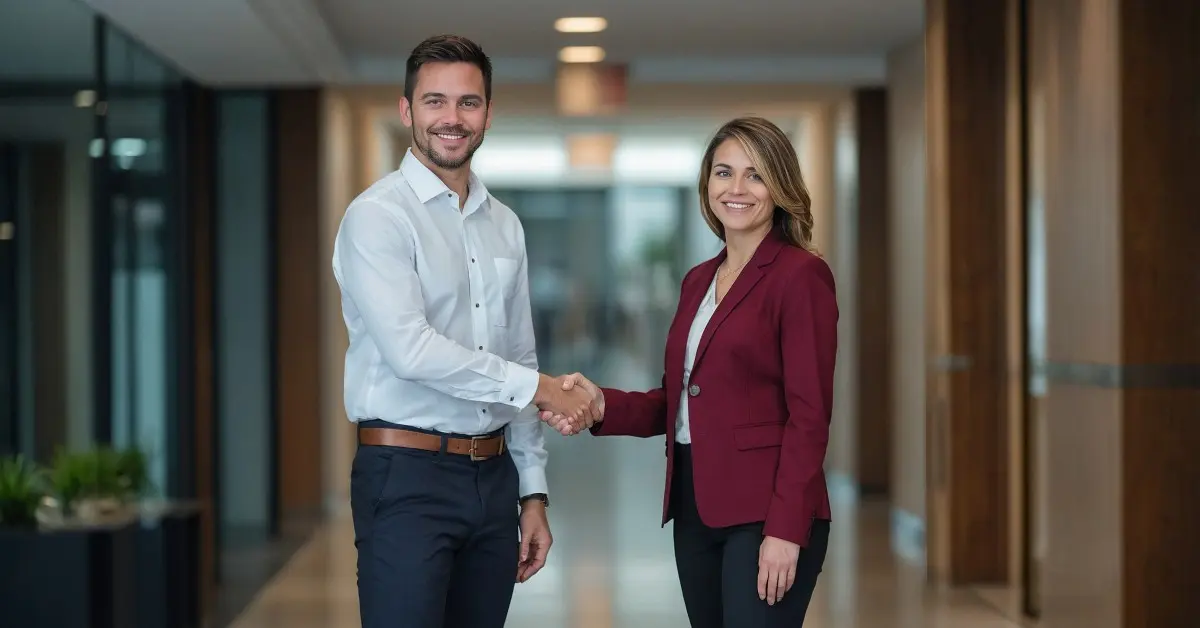 New hire shaking hands with HR manager on first day of onboarding