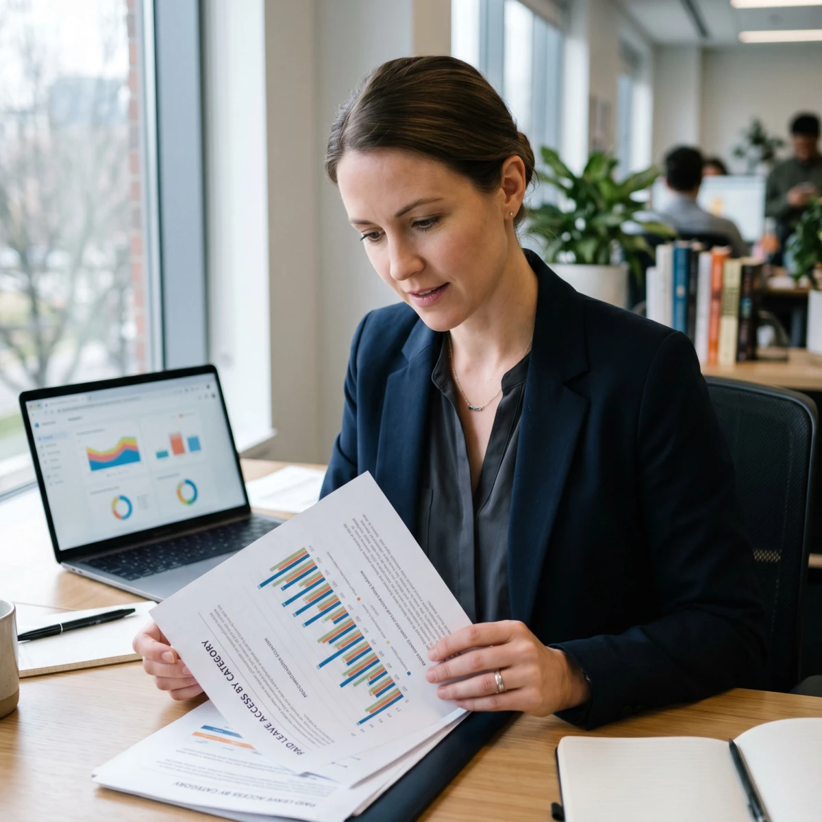 Manager reviewing reports with charts