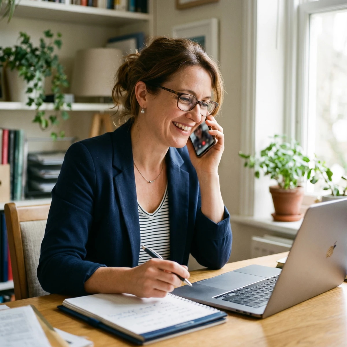 Business owner answering questions on phone