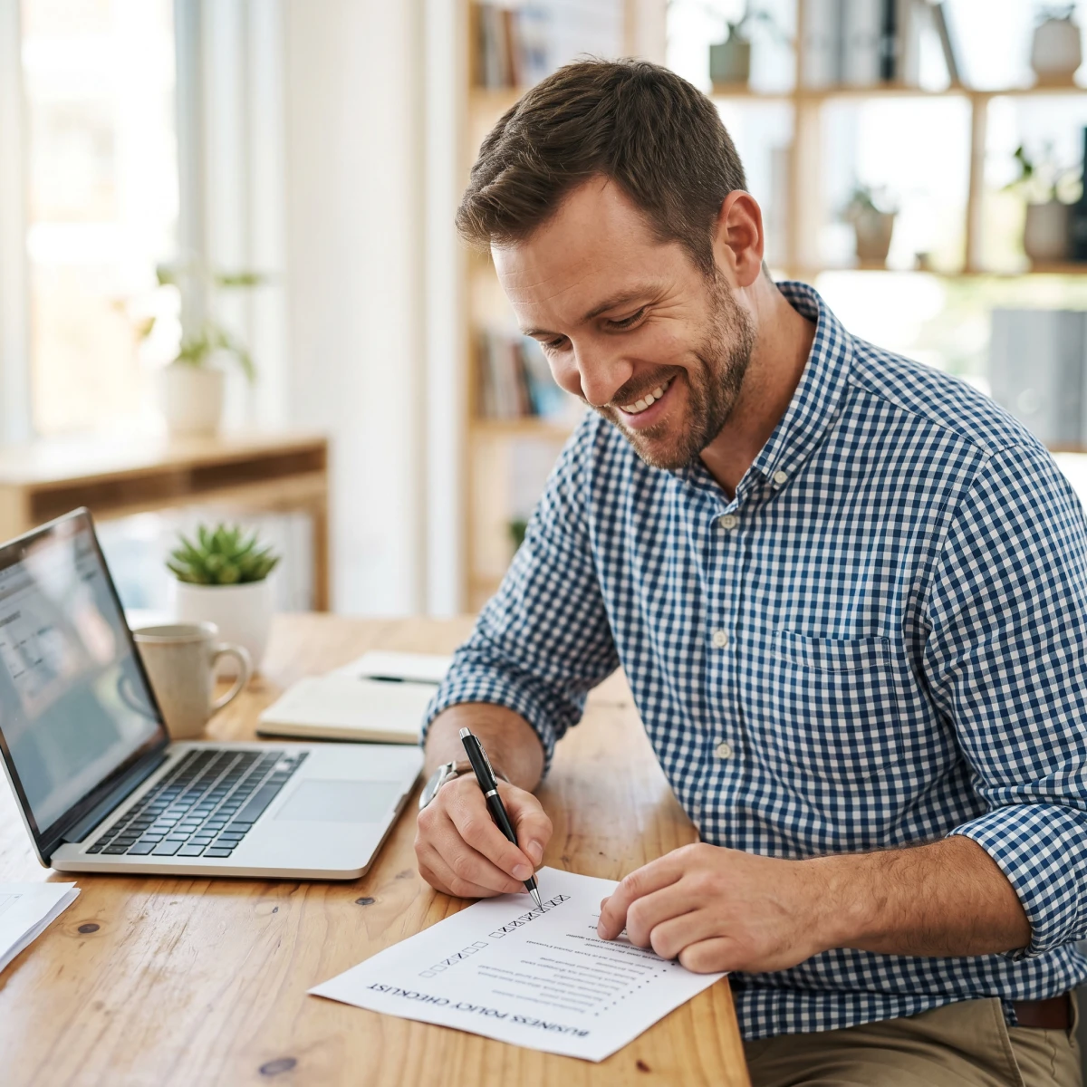Small business owner making check list