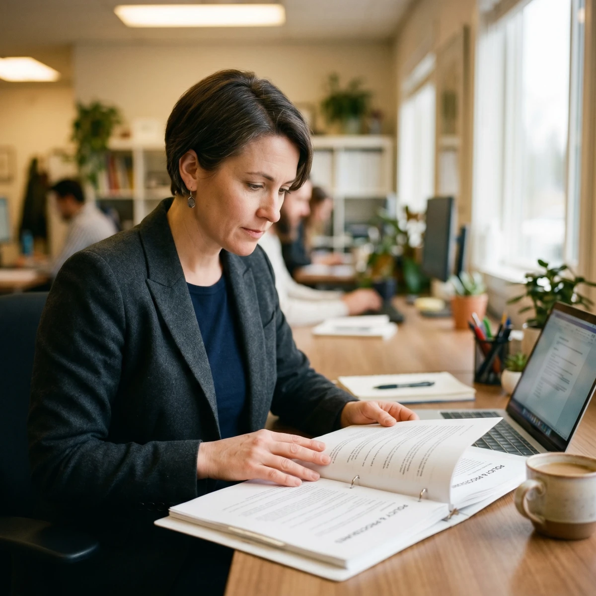 Manager reviewing policy in binder