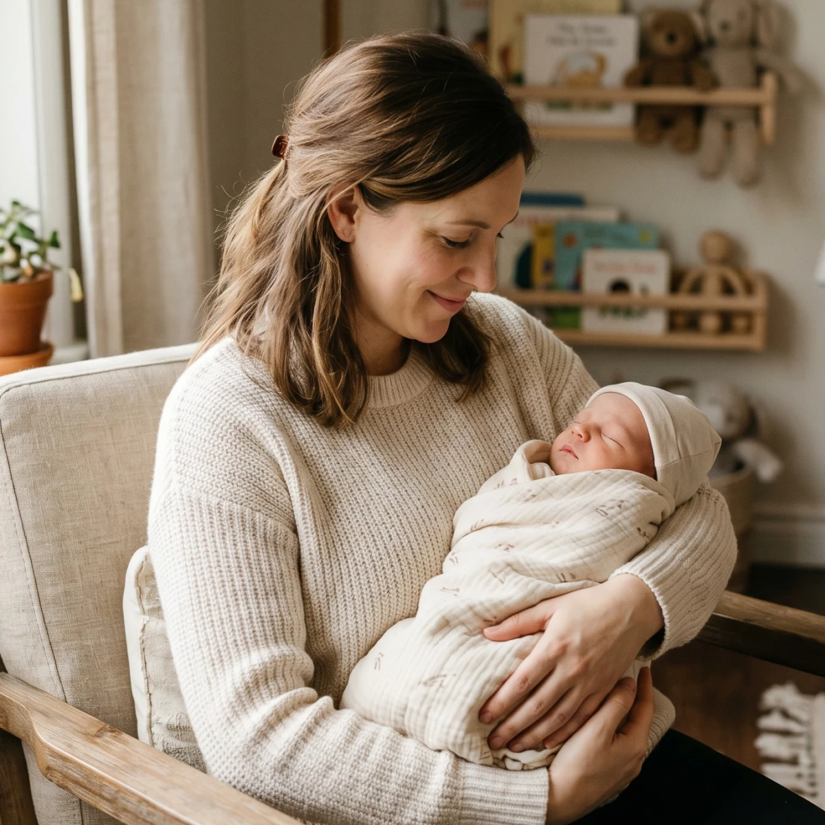 Parent holding a newborn in nursery