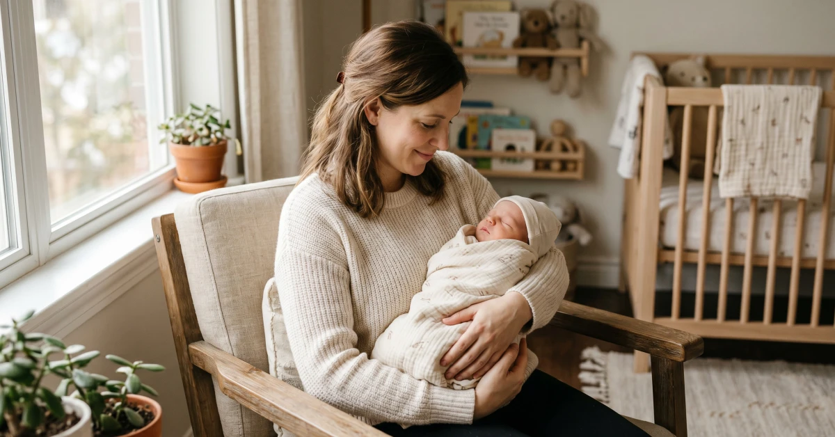 Wide shot of parent holding a newborn in nursery
