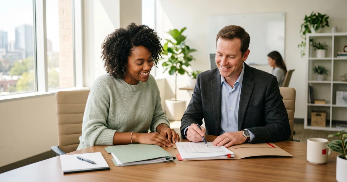 Wide shot of a business owner and a PEO advisor signing paperwork, illustrating a professional employer organization partnership