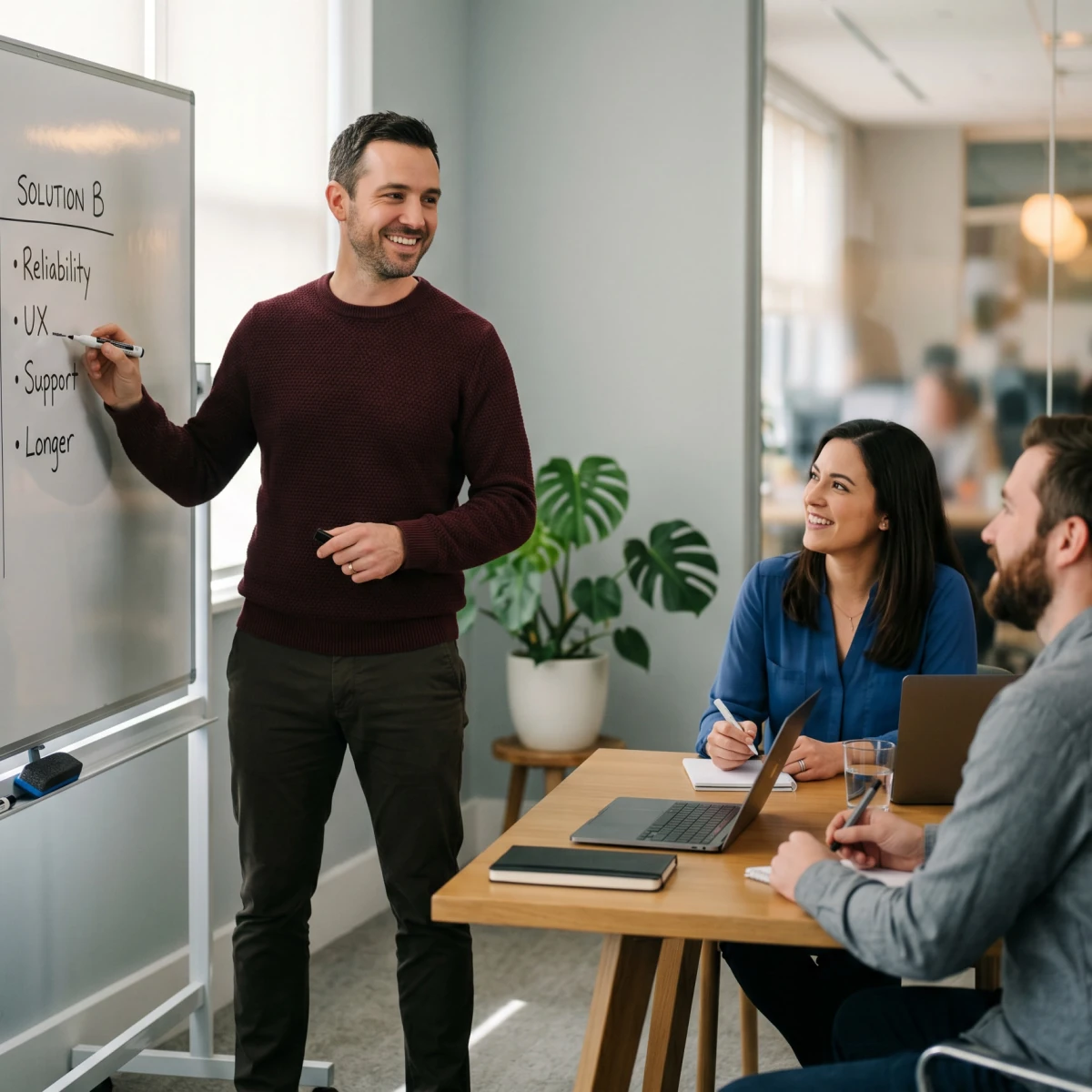A professional reviewing PEO services and outlook on a whiteboard