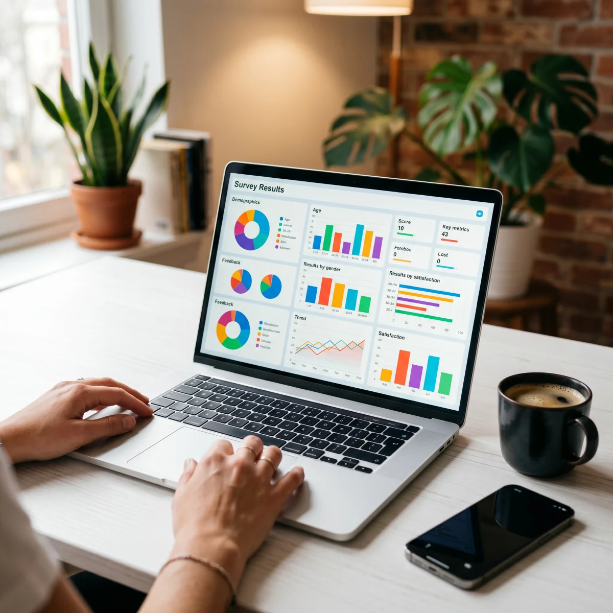 A laptop showing pulse survey software with charts and results