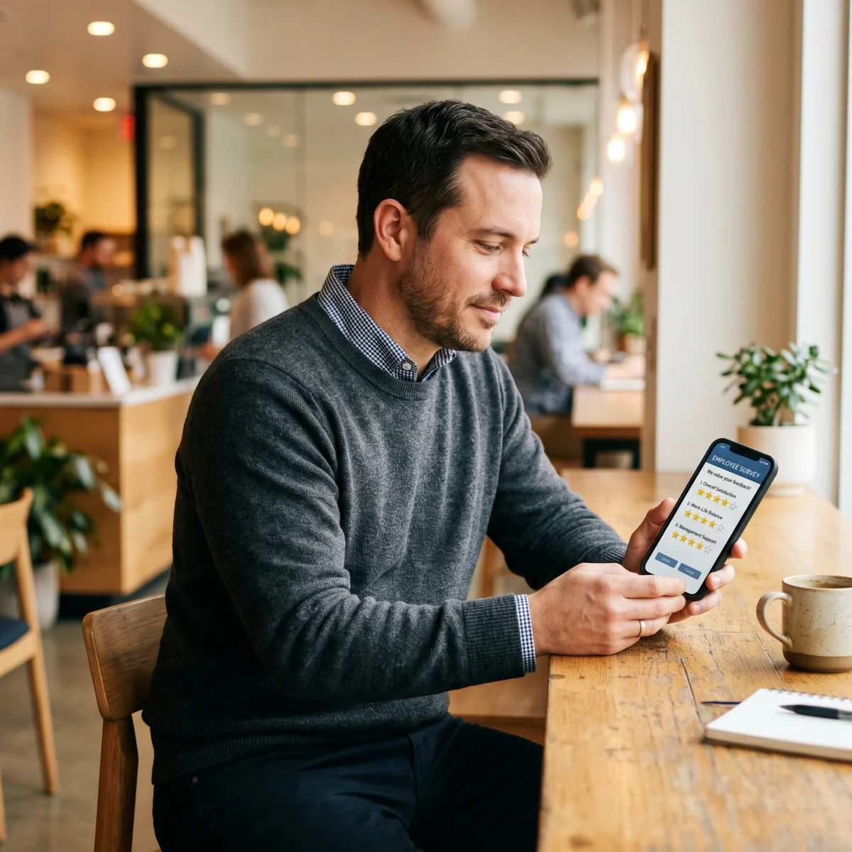 A man taking a survey on his phone