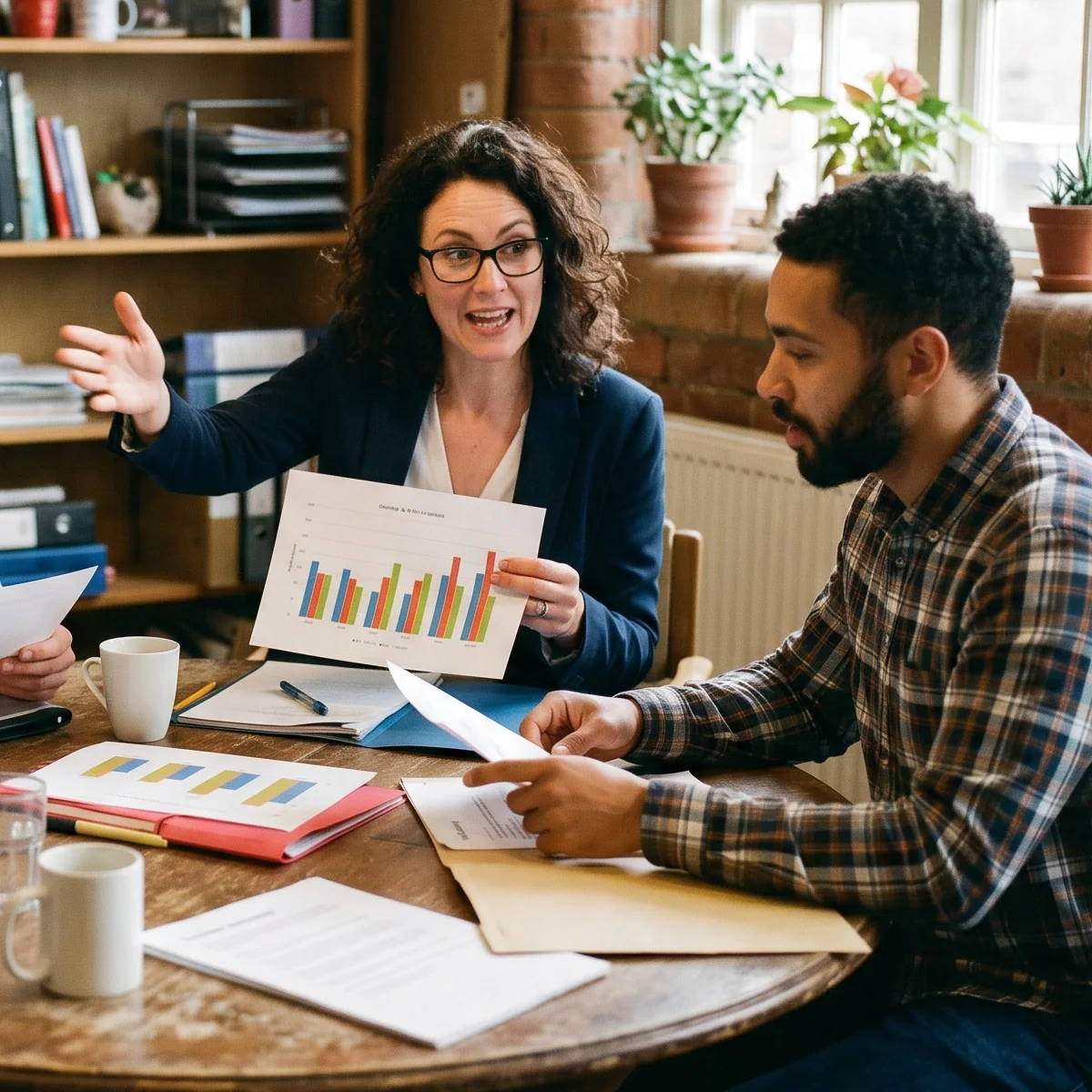 A small team gathered around a table reviewing employee feedback