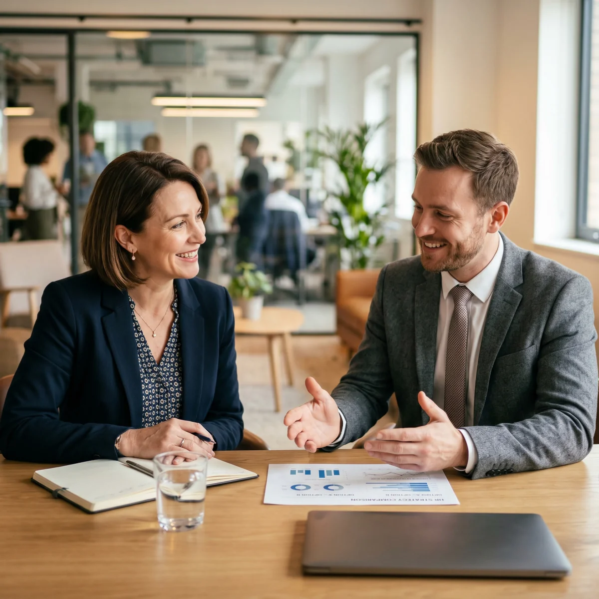An HR advisor explaining survey options to a business owner